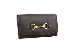 Brown leather wallet with gold buckle on a white background