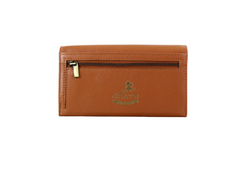 Brown wallet with a gold zipper and logo on a white background