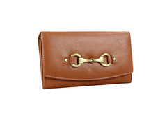 Brown leather wallet with gold buckle on a white background