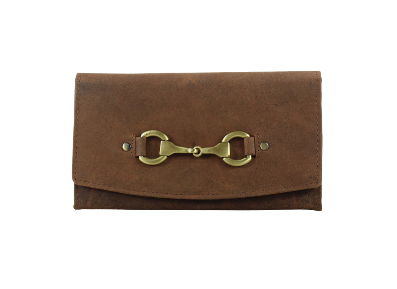 Hunter leather sadie purse with brass snaffle on a white background