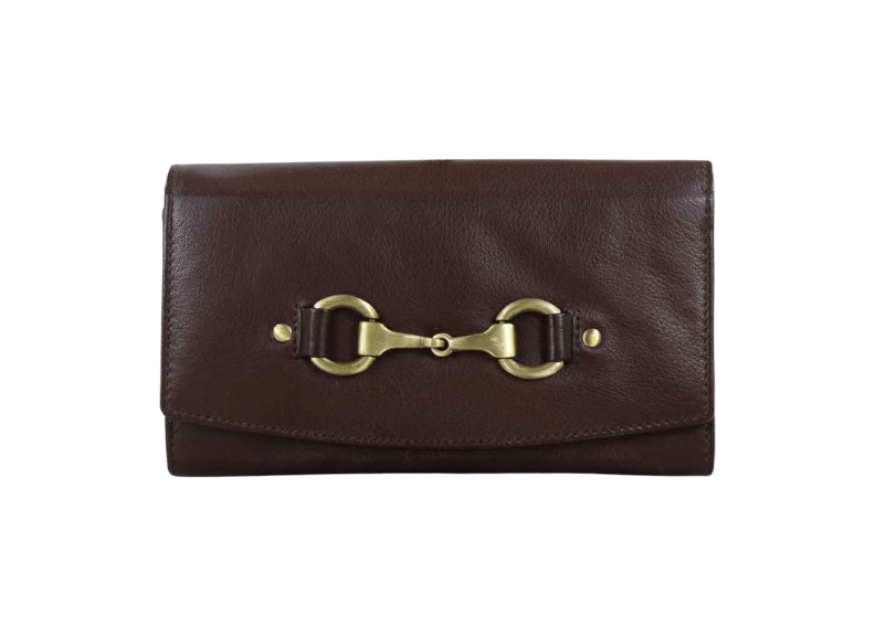Brown leather wallet with gold buckle on a white background