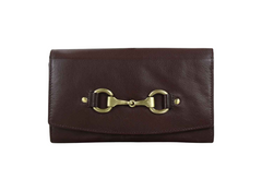 Brown leather wallet with gold buckle on a white background
