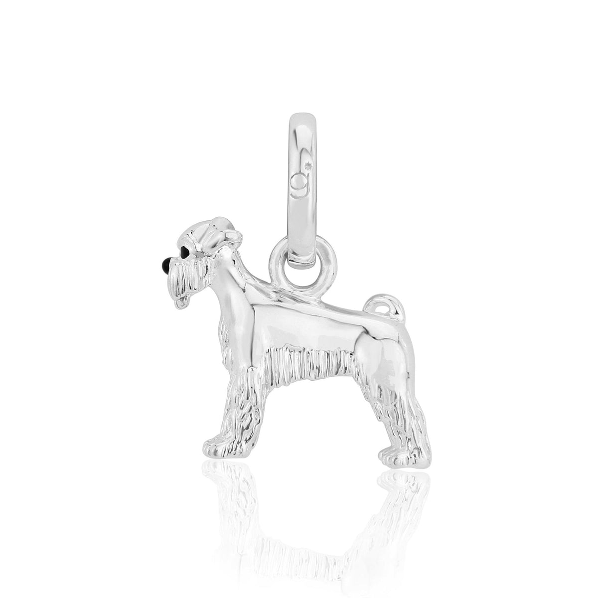 A sterling silver charm shaped like a Schnauzer dog with detail depicting the breed's trademark beard and long eyebrows.
