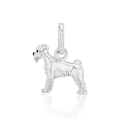 A sterling silver charm shaped like a Schnauzer dog with detail depicting the breed's trademark beard and long eyebrows.