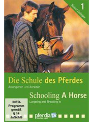 Cover of 'Die Schule des Pferdes, Schooling A Horse Vol 1', featuring a person grooming a horse with a green and yellow title logo.