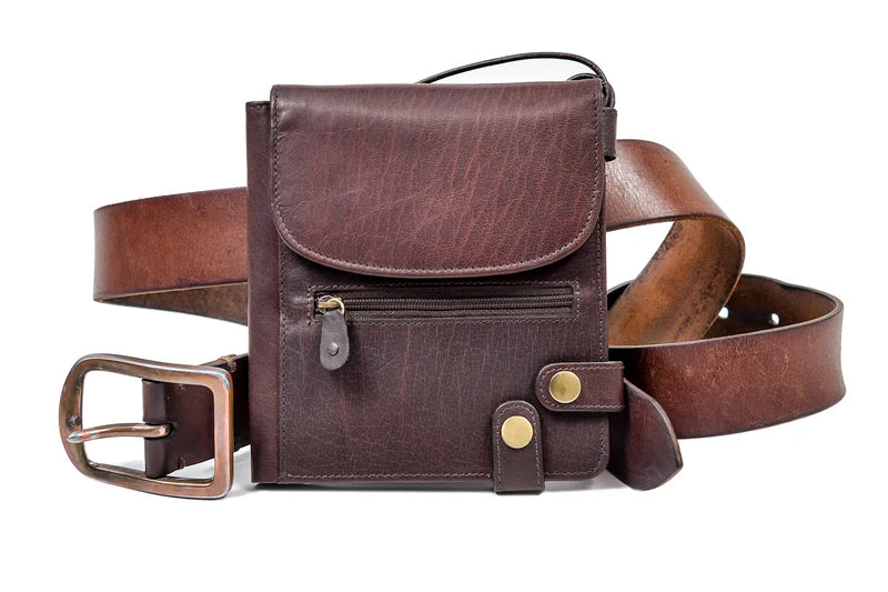 security purse in brown leather front view with straps