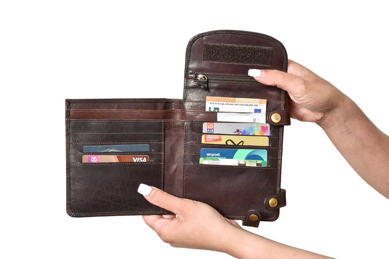 security purse in brown leather open showing cards 