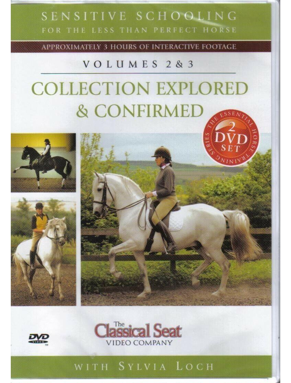 Cover of the DVD set 'Sensitive Schooling Volumes 2 & 3' by Sylvia Loch, featuring images of a horse and rider in different dressage positions.