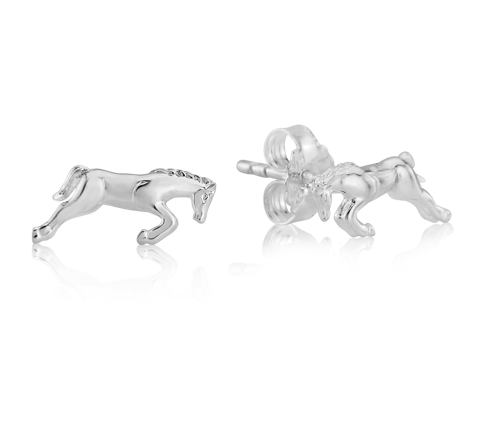 A pair of sterling silver horse-shaped stud earrings in a jumping motion, with a velvet gift pouch included.