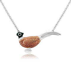 A sterling silver necklace with a pheasant pendant featuring rose gold and enamel details.
