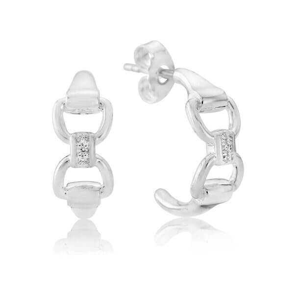 A pair of silver hoop earrings with cubic zirconia decorations, designed to resemble a snaffle bit, displayed against a white background.
