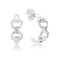 A pair of silver hoop earrings with cubic zirconia decorations, designed to resemble a snaffle bit, displayed against a white background.