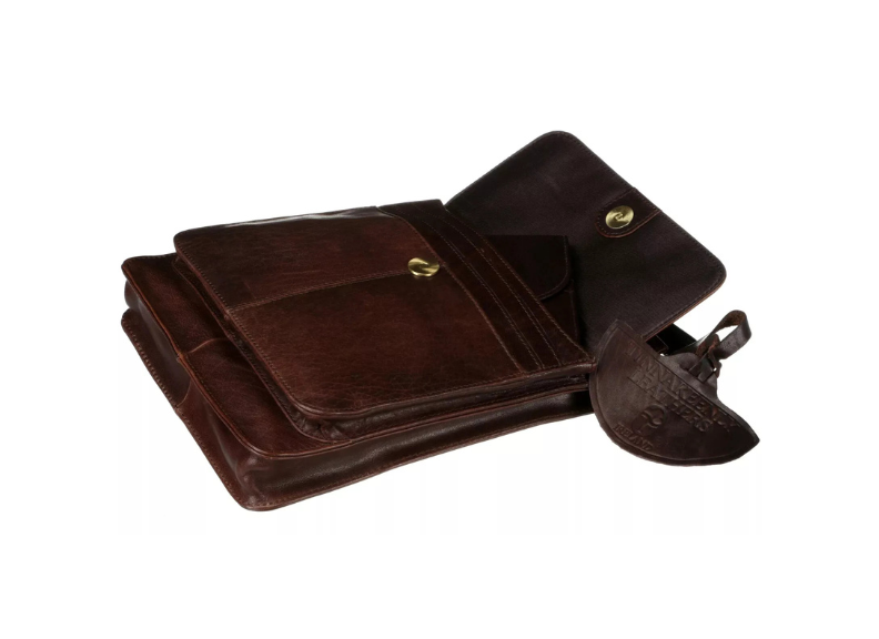 Brown leather wallet with a strap on a white background