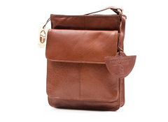 Brown leather bag with visible brand logo on a white background