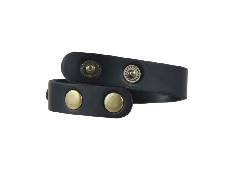 Black leather belt with gold buttons on a white background