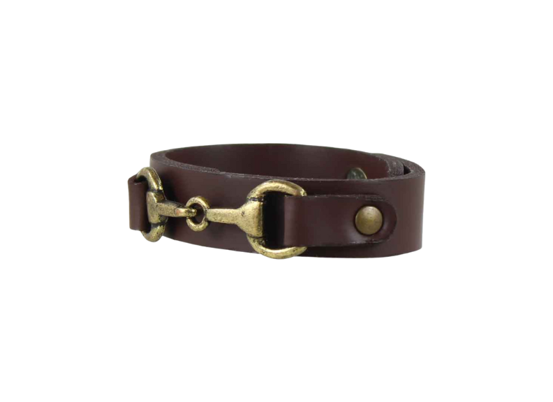 Brown leather bridle strap with brass hardware on a white background