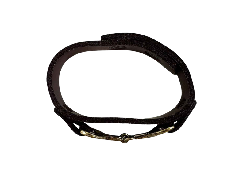 Black leather bracelet with gold clasp on a white background