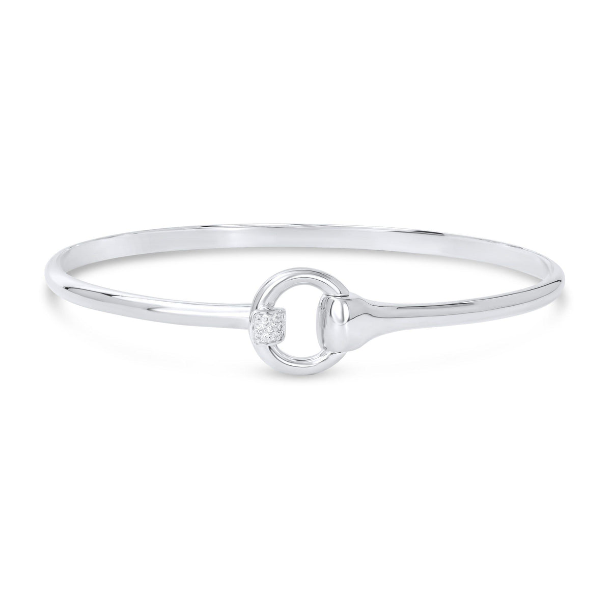 A solid sterling silver bangle bracelet with a snaffle bit design and sparkly cubic zirconia stones, presented against a white background.