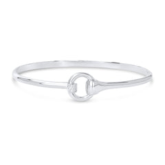 A solid sterling silver bangle bracelet with a snaffle bit design and sparkly cubic zirconia stones, presented against a white background.