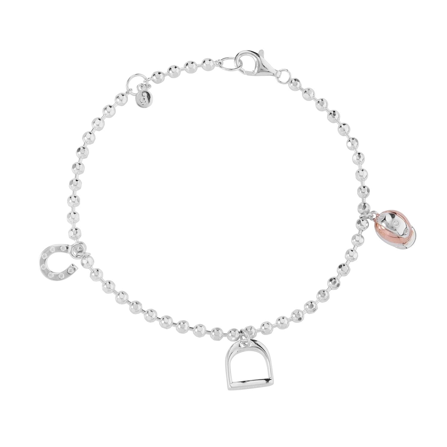 A sterling silver bracelet featuring beaded links and equestrian-themed charms, including a stirrup and a horse head.