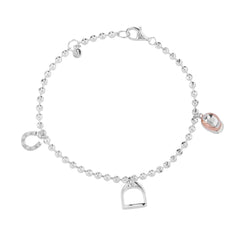 A sterling silver bracelet featuring beaded links and equestrian-themed charms, including a stirrup and a horse head.