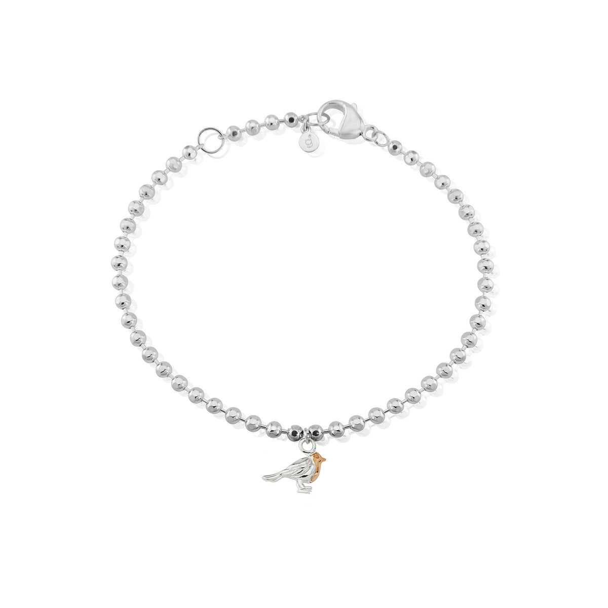 A sterling silver bracelet with small beads, featuring a rose gold beaded chain and a small charm of a robin breast, presented against a white background.