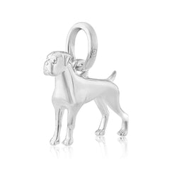 A sterling silver charm in the shape of a Boxer dog.