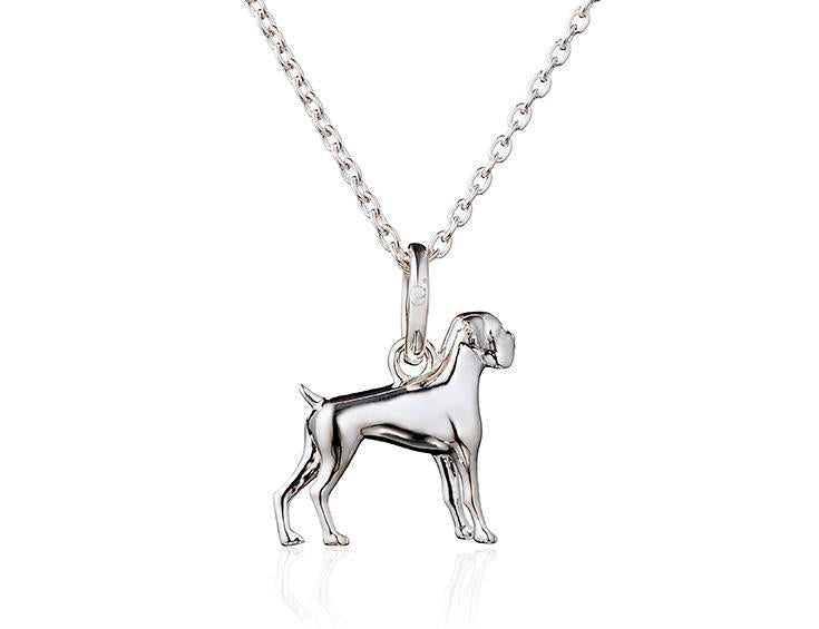 Sterling silver pendant in the shape of a Boxer dog on a chain, displayed against a white background.