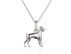 Sterling silver pendant in the shape of a Boxer dog on a chain, displayed against a white background.