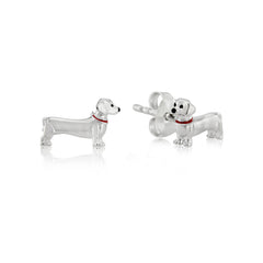 A pair of silver stud earrings shaped like Dachshunds with red enamel collars.