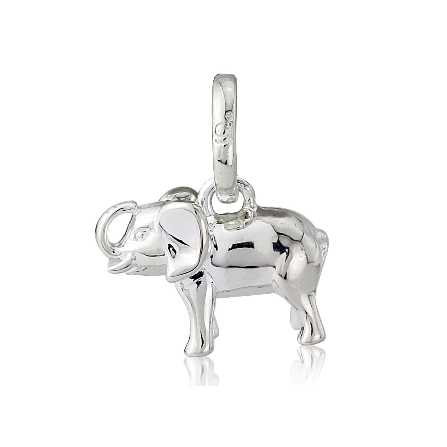 A sterling silver elephant pendant with a polished finish, attached to a loop, likely for a necklace.