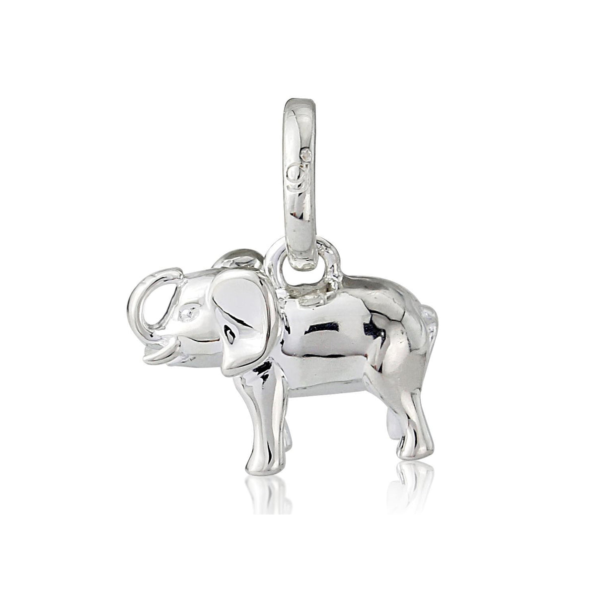 A sterling silver elephant pendant with a polished finish, attached to a loop, likely for a necklace.