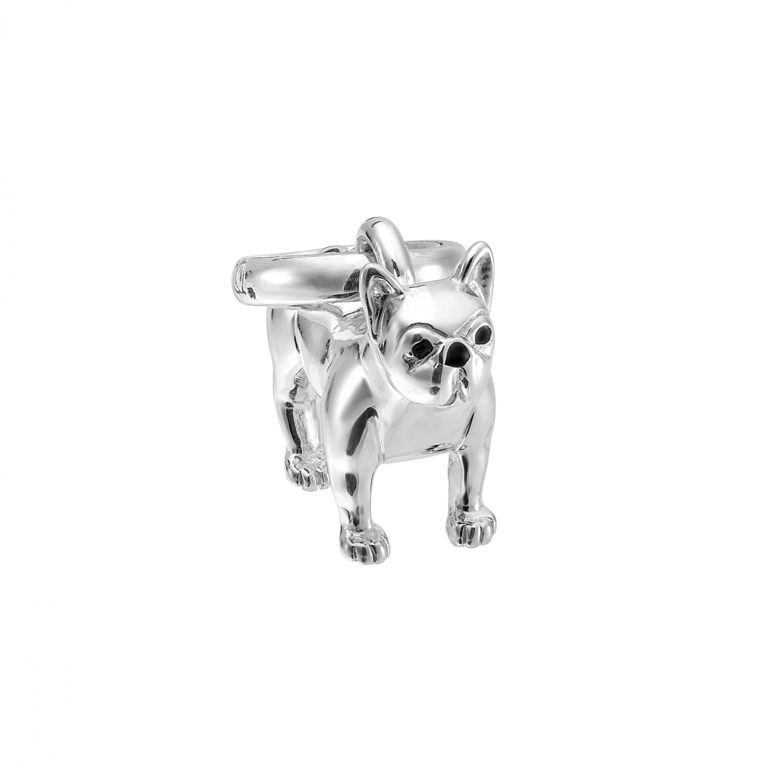 A sterling silver charm depicting a French Bulldog with bat-like ears, in a standing pose.