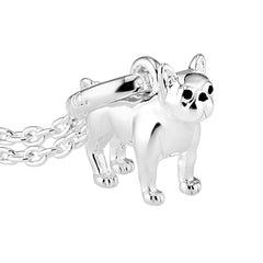 A sterling silver pendant in the shape of a French Bulldog, displayed on a chain against a white background.