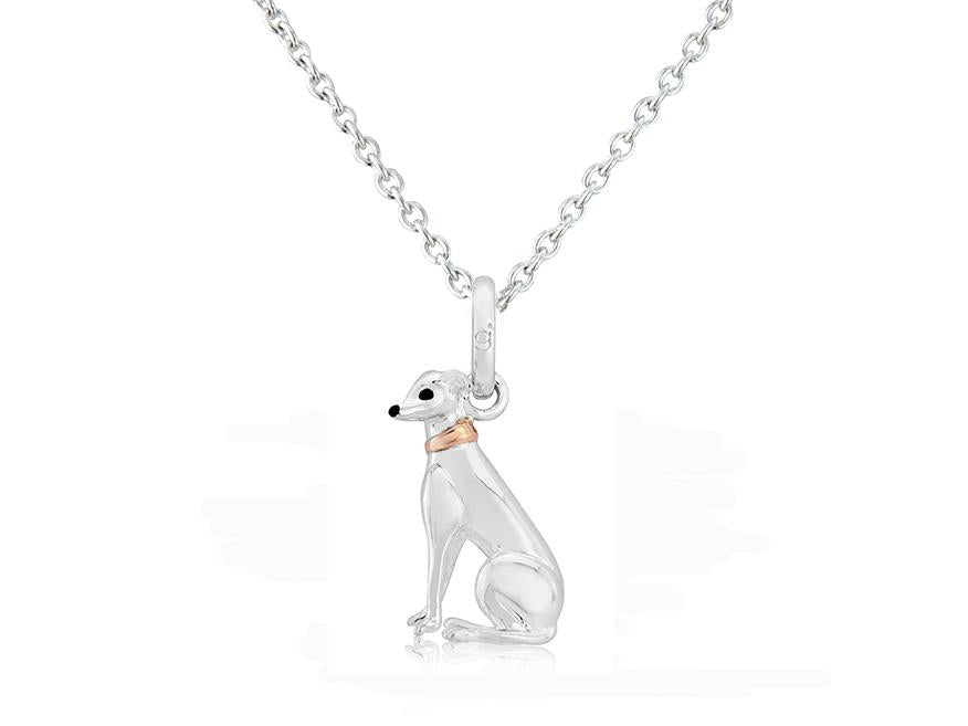 A sterling silver pendant in the shape of a greyhound with a rose gold collar, attached to a silver chain, presented against a white background.