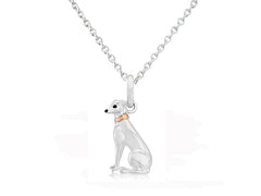A sterling silver pendant in the shape of a greyhound with a rose gold collar, attached to a silver chain, presented against a white background.