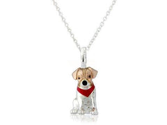 Sterling silver pendant in the shape of a Jack Russell dog wearing a red bandana, displayed on a silver chain in a vertical orientation.