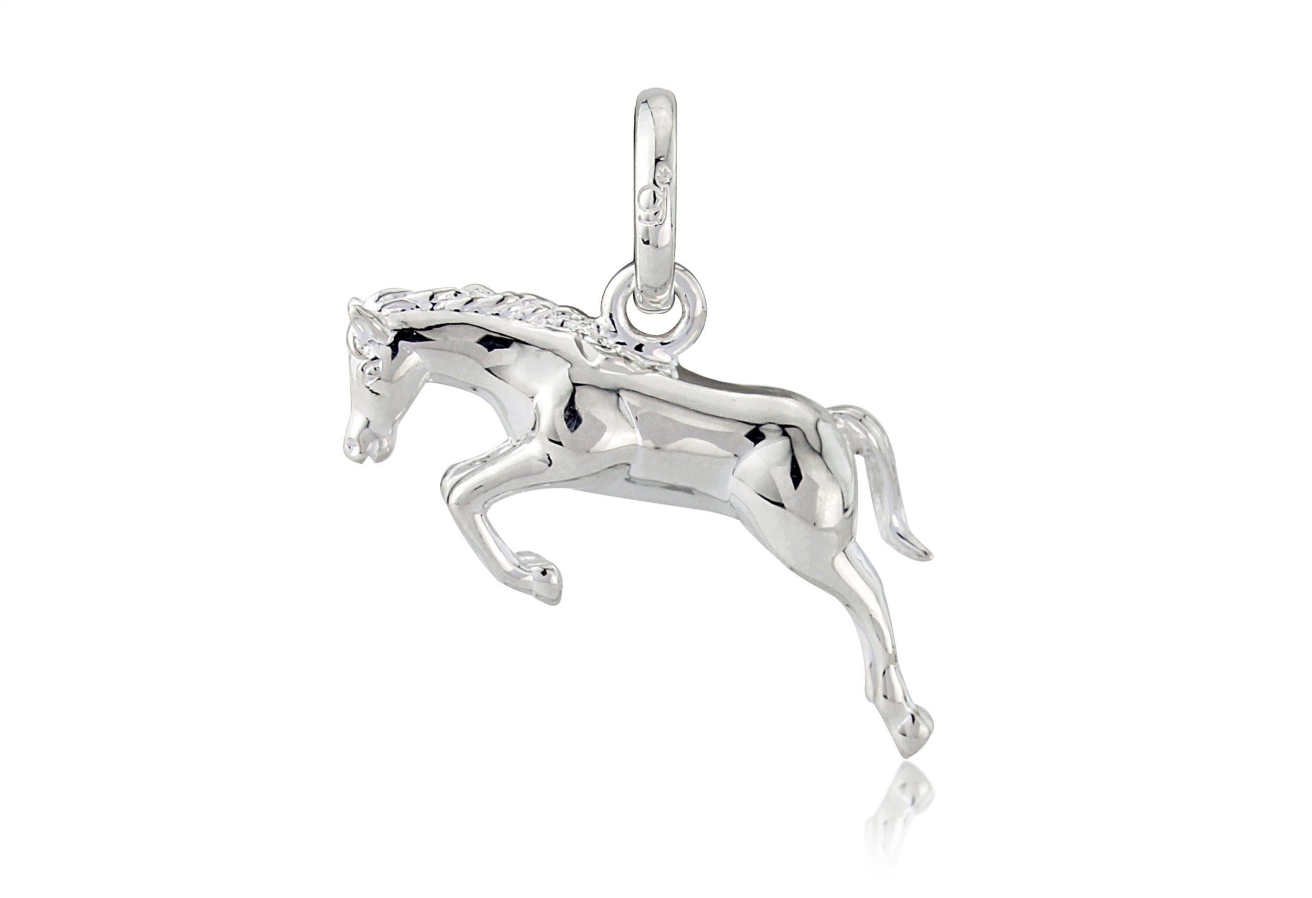 A sterling silver charm depicting a jumping horse in mid-motion, designed for wear on a charm bracelet or chain.