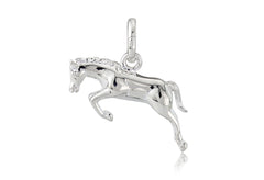 A sterling silver charm depicting a jumping horse in mid-motion, designed for wear on a charm bracelet or chain.