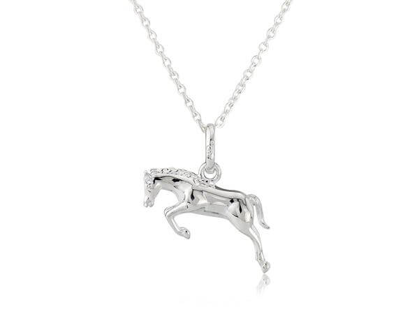 A sterling silver pendant in the shape of a jumping horse, accompanied by an adjustable chain.