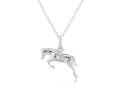 A sterling silver pendant in the shape of a jumping horse, accompanied by an adjustable chain.