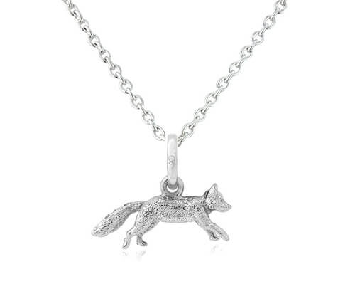 A sterling silver pendant in the shape of a fox, attached to a silver chain, displayed against a white background.