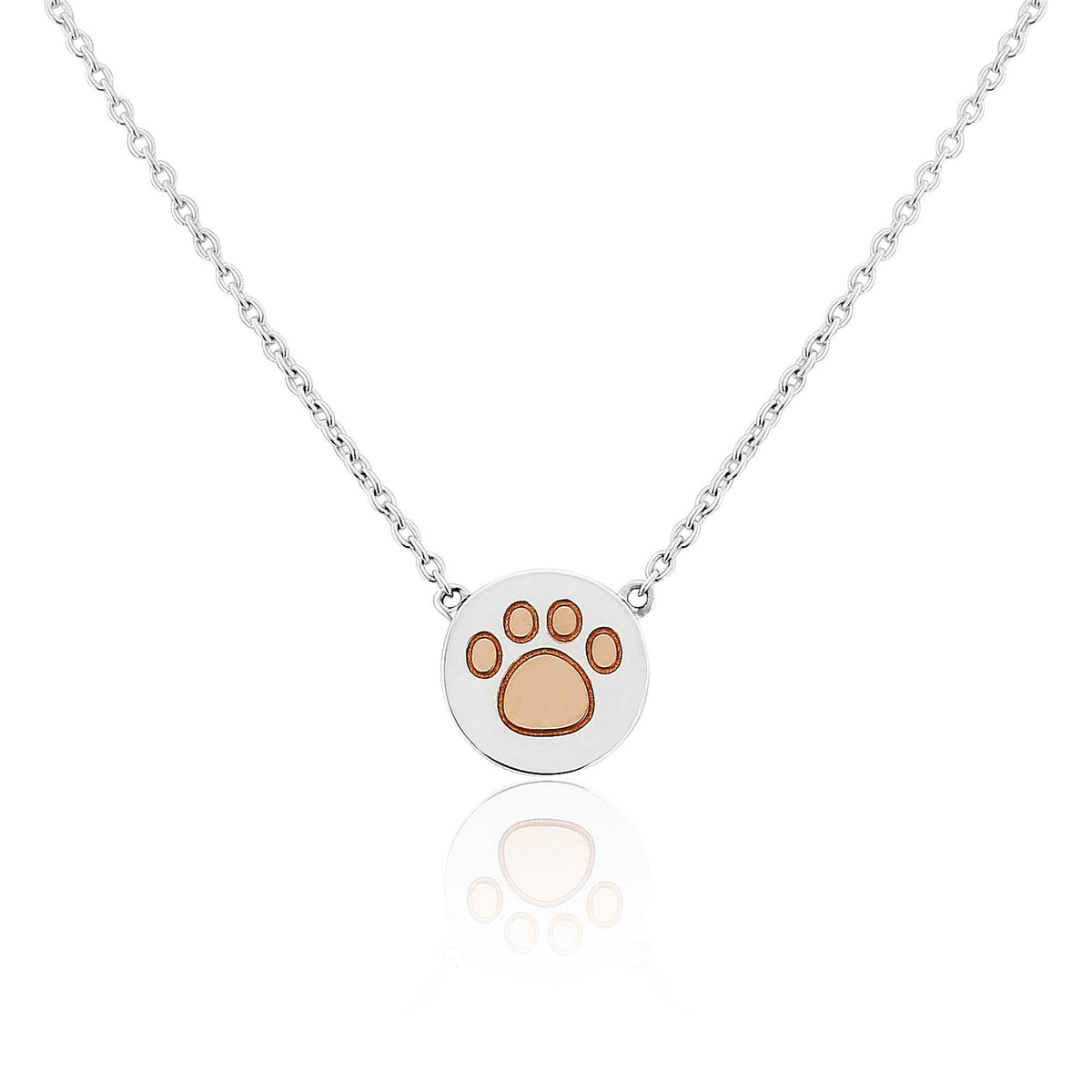 A sterling silver necklace with a paw print pendant in rose gold vermeil.