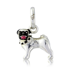 A sterling silver charm in the shape of a Pug dog with black, pink, and white enamel markings, suspended from a loop.