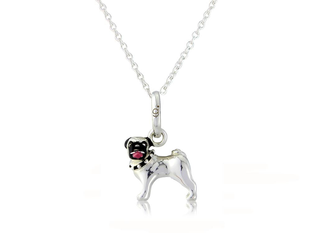 A sterling silver pendant in the shape of a Pug dog, with enamel details, displayed on a silver chain against a white background.