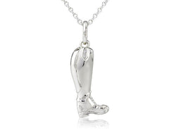 A sterling silver riding boot pendant with cubic zirconia stones, displayed on an adjustable silver chain.