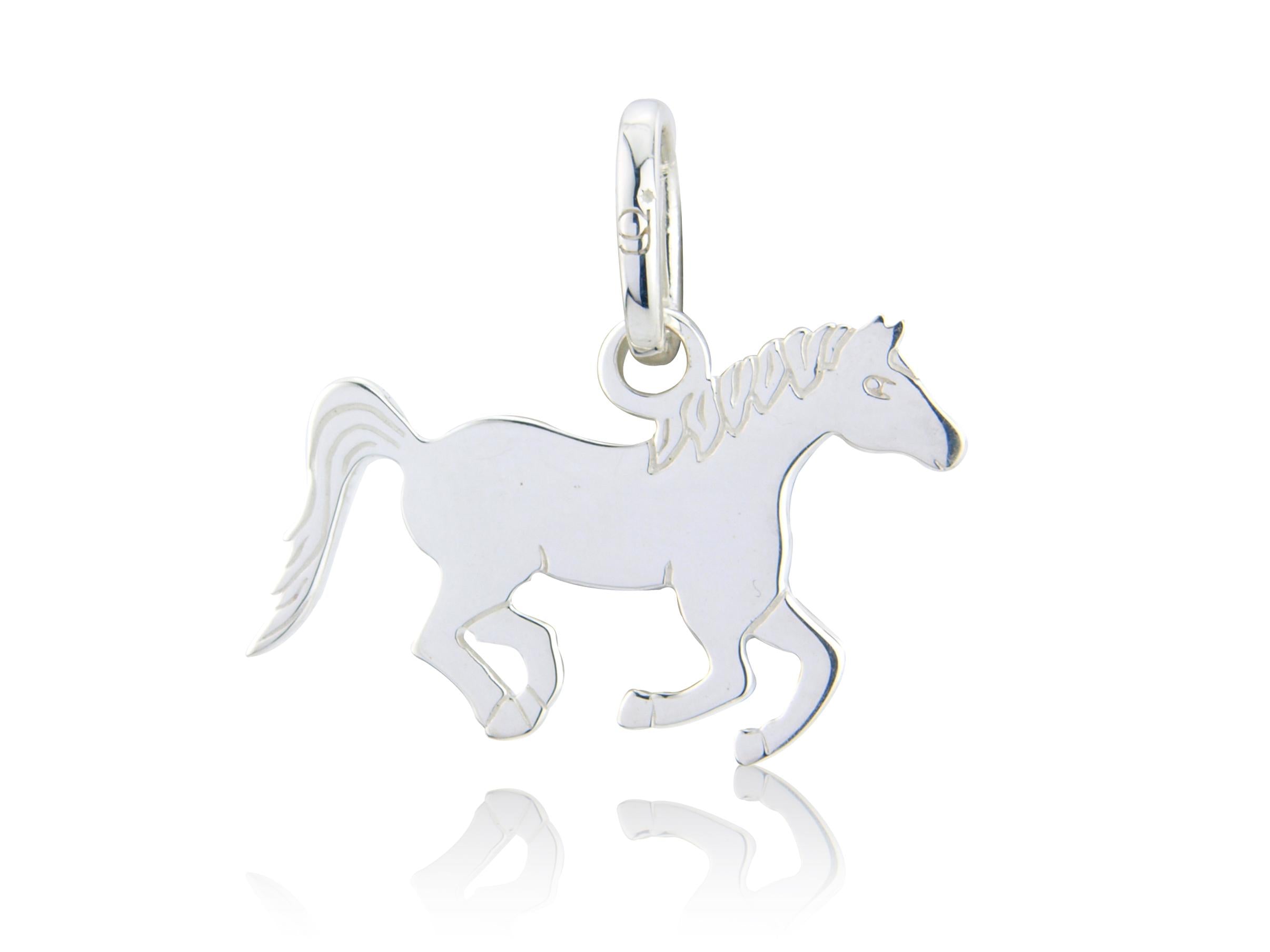 A sterling silver charm in the shape of a running pony.