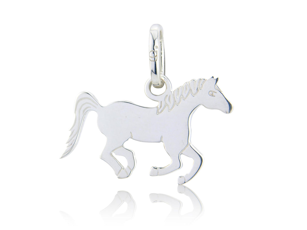A sterling silver charm in the shape of a running pony.