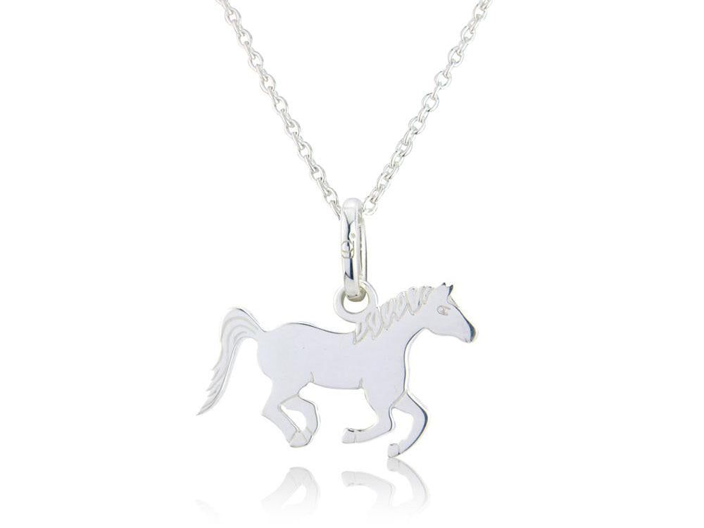 Sterling silver pendant in the shape of a running pony, accompanied by an adjustable chain, presented on a white background.