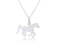 Sterling silver pendant in the shape of a running pony, accompanied by an adjustable chain, presented on a white background.